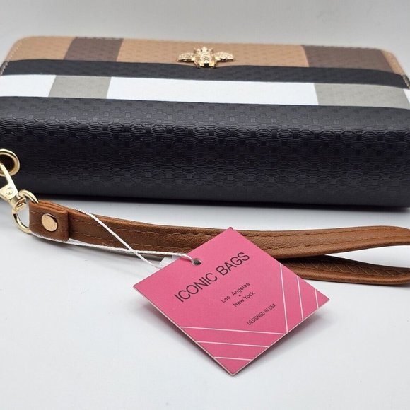 ICONIC BAGS  Wristlet Wallet Plaid Faux Leather Bee - Picture 4 of 4